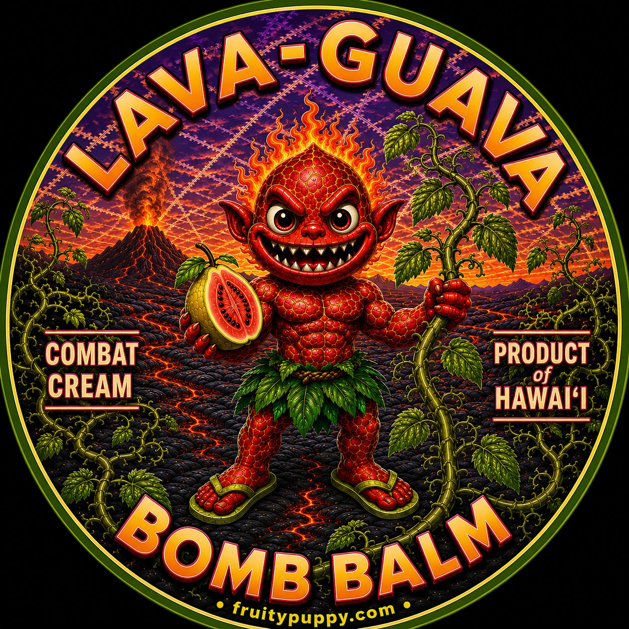 LavaGuava Bomb Balm label: a lava creature holding half a guava in front of an erupting volcano
